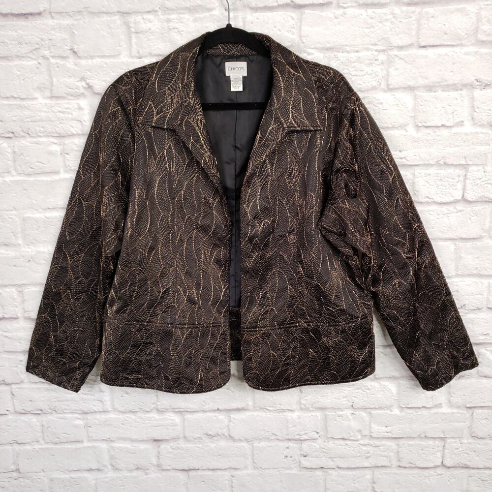 Chico's Size 3 Black & Metallic Bronze Embroidered Leaf Open Jacket Size XL 16